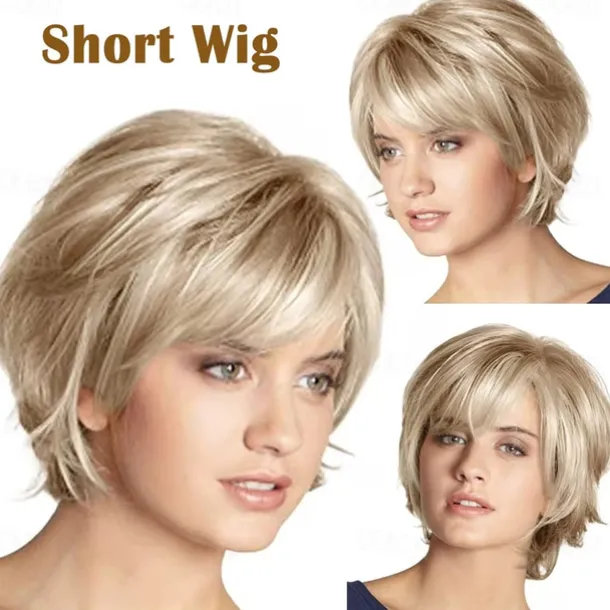 Short Blonde Wig with Bangs Blonde Mix Brown Wigs for White Women Natural Fluffy Synthetic Hair Womens Wigs
