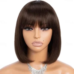 Short Bob Wigs Human Hair 8 Inch Glueless Wear and Go Bob Wig With Bangs Human Hair Wigs for Black Women Human Hair Brazilian Straight Hair None Lace Front Natural Black Wig