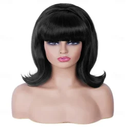 Short Brown Mixed Wig with Bang Retro Bouffant Beehive Wigs fits 80s Costume or Carnival Party Halloween Wigs