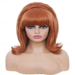 Short Brown Mixed Wig with Bang Retro Bouffant Beehive Wigs fits 80s Costume or Carnival Party Halloween Wigs