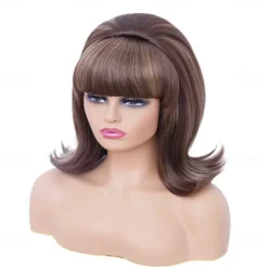Short Brown Mixed Wig with Bang Retro Bouffant Beehive Wigs fits 80s Costume or Carnival Party Halloween Wigs