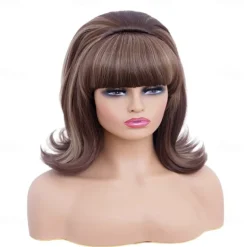 Short Brown Mixed Wig with Bang Retro Bouffant Beehive Wigs fits 80s Costume or Carnival Party Halloween Wigs