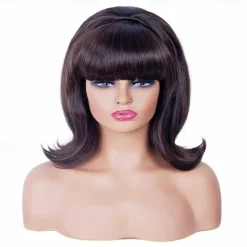 Short Brown Mixed Wig with Bang Retro Bouffant Beehive Wigs fits 80s Costume or Carnival Party Halloween Wigs