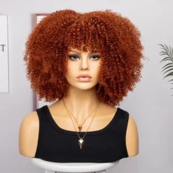 Short Curly Afro Wigs with Bangs for Black Women Brown Afro Kinky Curly Wigs for Black Women Synthetic Heat Resistant Fluffy Brown Wigs Halloween Cosplay Party Wigs