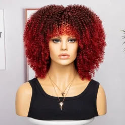 Short Curly Afro Wigs with Bangs for Black Women Brown Afro Kinky Curly Wigs for Black Women Synthetic Heat Resistant Fluffy Brown Wigs Halloween Cosplay Party Wigs