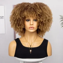 Short Curly Afro Wigs with Bangs for Black Women Brown Afro Kinky Curly Wigs for Black Women Synthetic Heat Resistant Fluffy Brown Wigs Halloween Cosplay Party Wigs