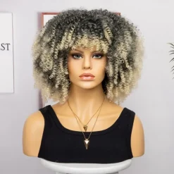 Short Curly Afro Wigs with Bangs for Black Women Brown Afro Kinky Curly Wigs for Black Women Synthetic Heat Resistant Fluffy Brown Wigs Halloween Cosplay Party Wigs