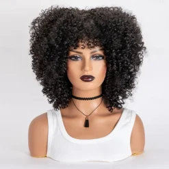 Short Curly Afro Wigs with Bangs for Black Women Brown Afro Kinky Curly Wigs for Black Women Synthetic Heat Resistant Fluffy Brown Wigs Halloween Cosplay Party Wigs