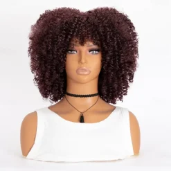 Short Curly Afro Wigs with Bangs for Black Women Brown Afro Kinky Curly Wigs for Black Women Synthetic Heat Resistant Fluffy Brown Wigs Halloween Cosplay Party Wigs