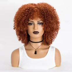 Short Curly Afro Wigs with Bangs for Black Women Brown Afro Kinky Curly Wigs for Black Women Synthetic Heat Resistant Fluffy Brown Wigs Halloween Cosplay Party Wigs