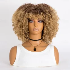 Short Curly Afro Wigs with Bangs for Black Women Brown Afro Kinky Curly Wigs for Black Women Synthetic Heat Resistant Fluffy Brown Wigs Halloween Cosplay Party Wigs
