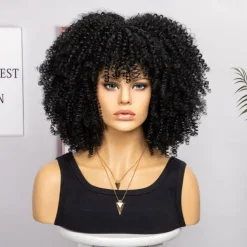 Short Curly Afro Wigs with Bangs for Black Women Brown Afro Kinky Curly Wigs for Black Women Synthetic Heat Resistant Fluffy Brown Wigs Halloween Cosplay Party Wigs