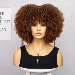 Short Curly Afro Wigs with Bangs for Black Women Brown Afro Kinky Curly Wigs for Black Women Synthetic Heat Resistant Fluffy Brown Wigs Halloween Cosplay Party Wigs