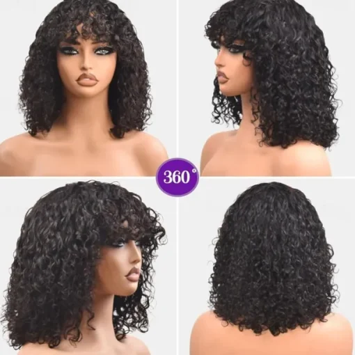 Short Curly Human Hair Wigs Short Curly Bob Wig Human Hair With Bangs For Women Glueless Short Water Wave Human Hair Wig With Bangs Natural Black 12Inch