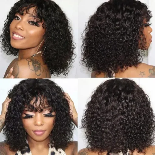 Short Curly Human Hair Wigs Short Curly Bob Wig Human Hair With Bangs For Women Glueless Short Water Wave Human Hair Wig With Bangs Natural Black 12Inch