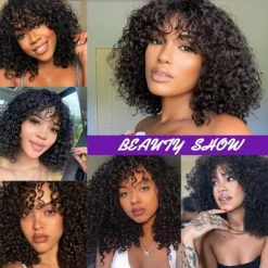 Short Curly Human Hair Wigs Short Curly Bob Wig Human Hair With Bangs For Women Glueless Short Water Wave Human Hair Wig With Bangs Natural Black 12Inch
