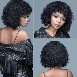 Short Curly Human Hair Wigs Short Curly Bob Wig Human Hair With Bangs For Women Glueless Short Water Wave Human Hair Wig With Bangs Natural Black 12Inch