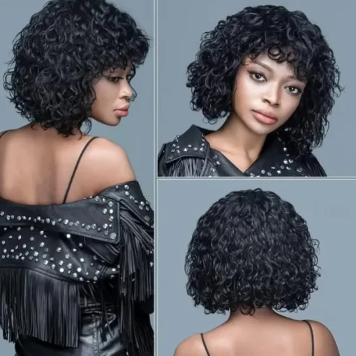 Short Curly Human Hair Wigs Short Curly Bob Wig Human Hair With Bangs For Women Glueless Short Water Wave Human Hair Wig With Bangs Natural Black 12Inch