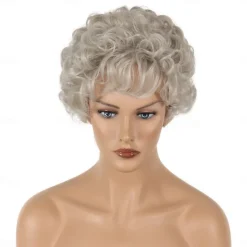 Short Curly Silver Wigs for White Women Heat Resistant Natural Synthetic Hair Old Ladies Daily Cosplay Full Wigs