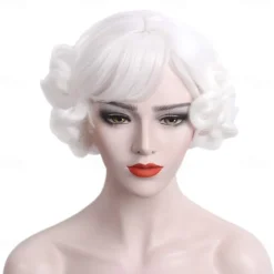 Short Curly White Women Wig with Bangs Heat Resistant Synthetic Hair Water Wave Womens Wigs for Old Lady Cosplay Daily 20s Costume Anime Carnival Halloween Wigs