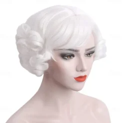 Short Curly White Women Wig with Bangs Heat Resistant Synthetic Hair Water Wave Womens Wigs for Old Lady Cosplay Daily 20s Costume Anime Carnival Halloween Wigs