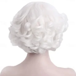 Short Curly White Women Wig with Bangs Heat Resistant Synthetic Hair Water Wave Womens Wigs for Old Lady Cosplay Daily 20s Costume Anime Carnival Halloween Wigs