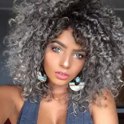 Short Curly Wigs for Black Women Soft Black Big Curly Wig with Bangs Afro Kinky Curls Heat Resistant Natural Looking Synthetic Wig for African American Women Christmas Party Wigs
