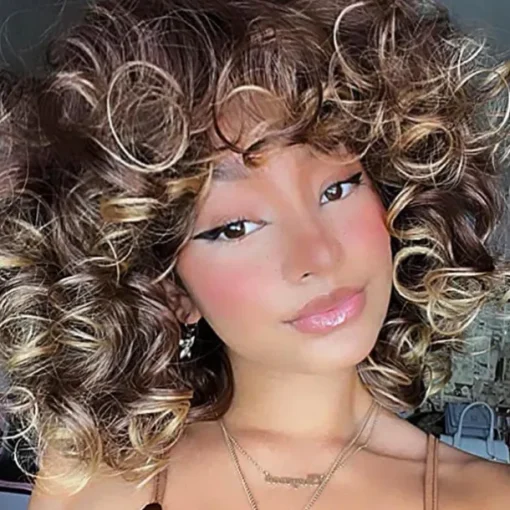 Short Curly Wigs for Black Women Afro Curly Wigs with Bangs Big Curly Wig Blonde Wigs for Black Women Light Brown Short Wigs Black Synthetic Hair Natural Wigs