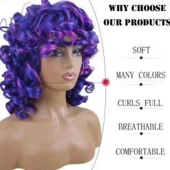 Short Curly Wigs for Black Women Soft Mixed Blue to Purple Big Curly Wig with Bangs Cute Loose Curly Cosplay Party Daily Synthetic Wig for African American Women