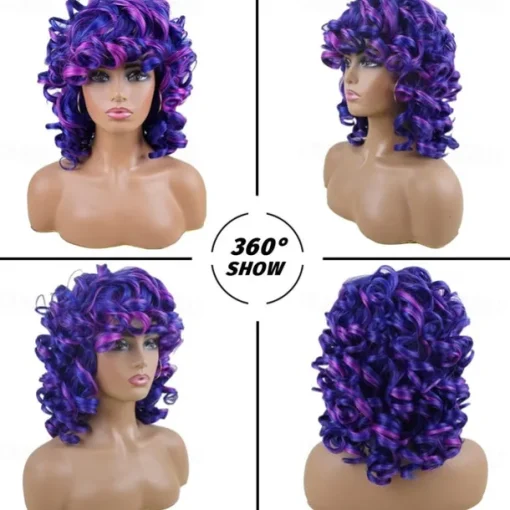 Short Curly Wigs for Black Women Soft Mixed Blue to Purple Big Curly Wig with Bangs Cute Loose Curly Cosplay Party Daily Synthetic Wig for African American Women