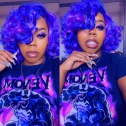 Short Curly Wigs for Black Women Soft Mixed Blue to Purple Big Curly Wig with Bangs Cute Loose Curly Cosplay Party Daily Synthetic Wig for African American Women