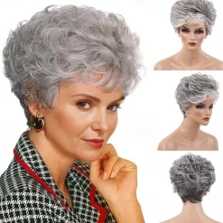 Short Grey Wigs for White Women Mixed Gray Silver Curly Wavy Wigs with White Bangs Grandma Synthetic Short Hair Wigs