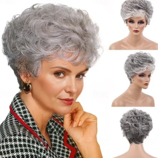 Short Grey Wigs for White Women Mixed Gray Silver Curly Wavy Wigs with White Bangs Grandma Synthetic Short Hair Wigs