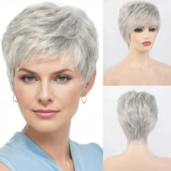 Short Grey Wigs for White Women Mixed Gray Silver Curly Wavy Wigs with White Bangs Grandma Synthetic Short Hair Wigs