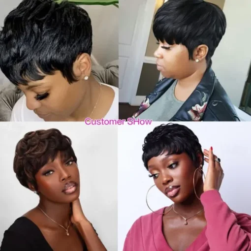 Short Hair Wigs Pixie Cut Straight Short Bob Wig for Black Women 100% Brazilian Virgin Human Hair Non Lace Full Machine Made 6 inch Natural Black Color Pixie Wig