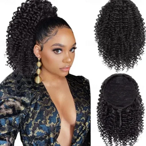 Short Kinky Curly Ponytail Extension for Black Women 10 Inch Natural Black Drawstring Curly Ponytail with Two Clips Synthetic Afro Drawstring Ponytail for Black Women