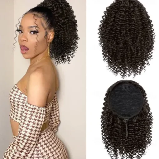 Short Kinky Curly Ponytail Extension for Black Women 10 Inch Natural Black Drawstring Curly Ponytail with Two Clips Synthetic Afro Drawstring Ponytail for Black Women