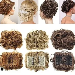 Short Messy Curly Dish Hair Bun Extension Easy Stretch Hair Combs Clip In Chignon Tray Ponytail Hairpieces - Dark Brown To Light Auburn