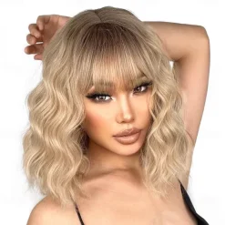 Short Pink Wigs for Women Short Wavy Hot Pink Wigs with Bangs Synthetic Pink Curly Bob Wig Curly Shoulder Length Cosplay Wig for Women Girls Colored Wigs