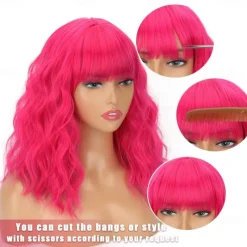Short Pink Wigs for Women Short Wavy Hot Pink Wigs with Bangs Synthetic Pink Curly Bob Wig Curly Shoulder Length Cosplay Wig for Women Girls Colored Wigs