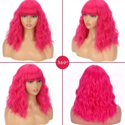 Short Pink Wigs for Women Short Wavy Hot Pink Wigs with Bangs Synthetic Pink Curly Bob Wig Curly Shoulder Length Cosplay Wig for Women Girls Colored Wigs
