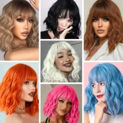 Short Pink Wigs for Women Short Wavy Hot Pink Wigs with Bangs Synthetic Pink Curly Bob Wig Curly Shoulder Length Cosplay Wig for Women Girls Colored Wigs