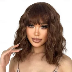 Short Pink Wigs for Women Short Wavy Hot Pink Wigs with Bangs Synthetic Pink Curly Bob Wig Curly Shoulder Length Cosplay Wig for Women Girls Colored Wigs