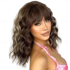 Short Pink Wigs for Women Short Wavy Hot Pink Wigs with Bangs Synthetic Pink Curly Bob Wig Curly Shoulder Length Cosplay Wig for Women Girls Colored Wigs