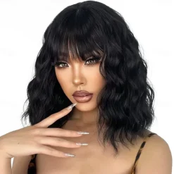 Short Pink Wigs for Women Short Wavy Hot Pink Wigs with Bangs Synthetic Pink Curly Bob Wig Curly Shoulder Length Cosplay Wig for Women Girls Colored Wigs