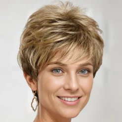 Short Pixie Wig with Richly Texturized Piecey Layers and Wispy Side-Swept Bangs / Multi-tonal Shades of Blonde and Brown