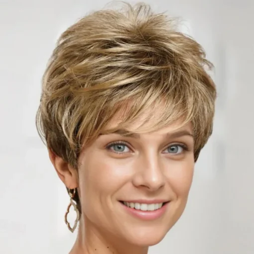 Short Pixie Wig with Richly Texturized Piecey Layers and Wispy Side-Swept Bangs / Multi-tonal Shades of Blonde and Brown