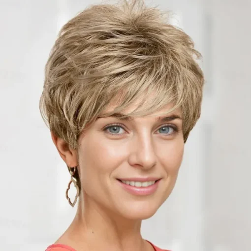 Short Pixie Wig with Richly Texturized Piecey Layers and Wispy Side-Swept Bangs / Multi-tonal Shades of Blonde and Brown