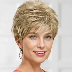 Short Pixie Wig with Richly Texturized Piecey Layers and Wispy Side-Swept Bangs / Multi-tonal Shades of Blonde and Brown