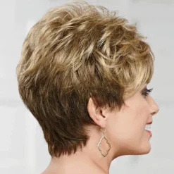 Short Pixie Wig with Richly Texturized Piecey Layers and Wispy Side-Swept Bangs / Multi-tonal Shades of Blonde and Brown